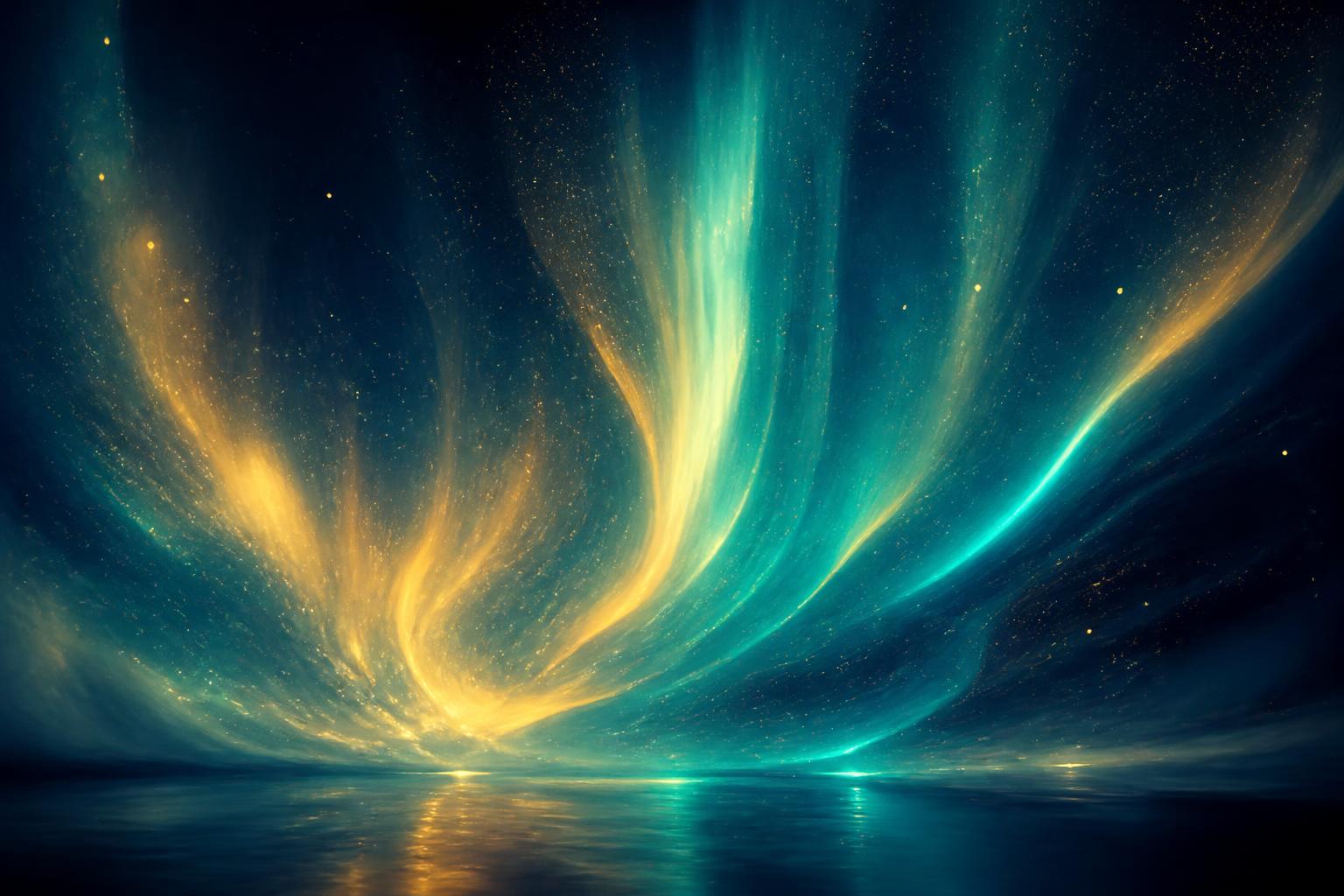 Golden and teal aurora light rising over a midnight sky